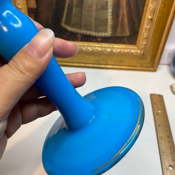 Antique Blue Compote Milk Glass About 7 Inches Tall Gold Leaves Trim Design - Picture 7 of 11